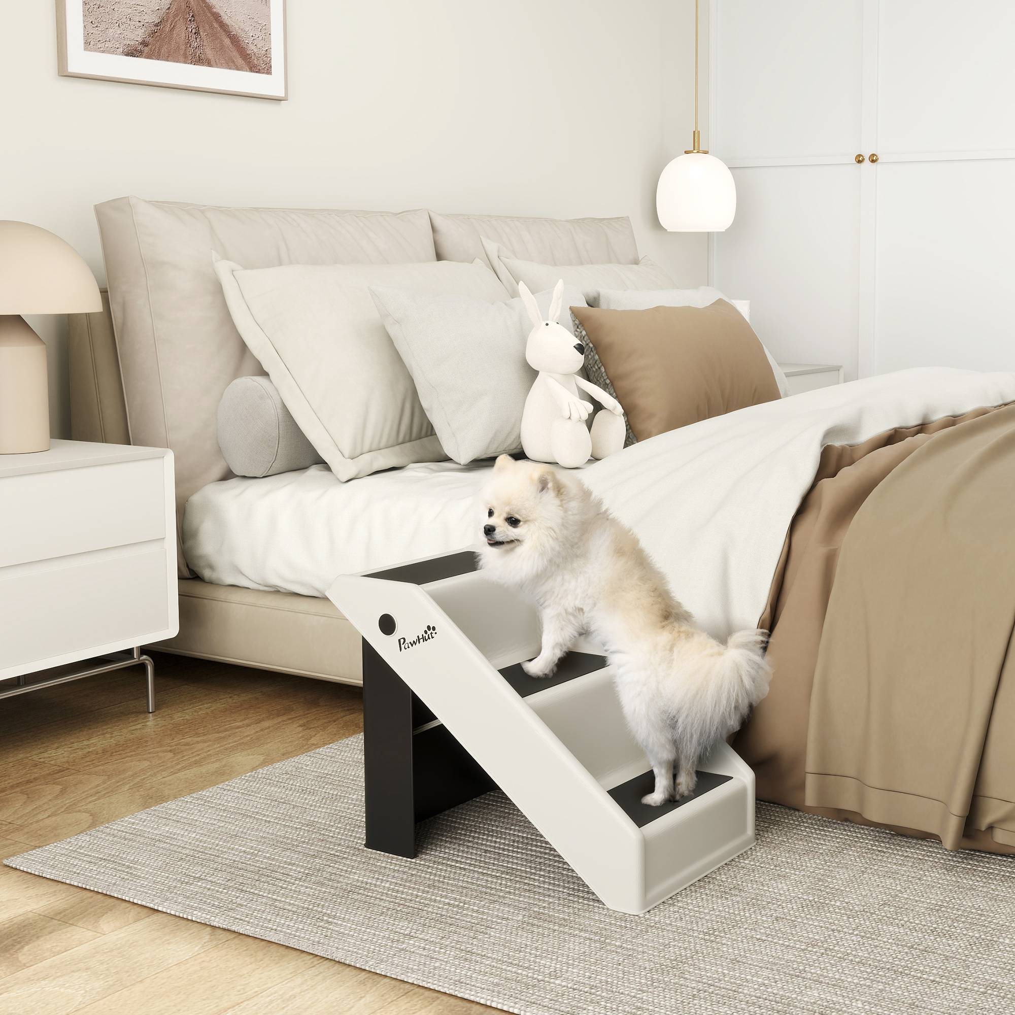 Escalier chien 3 marches 36,5 cm haut, petits chiens, pliable, lit, canapé, voiture, blanc crème - Image 4