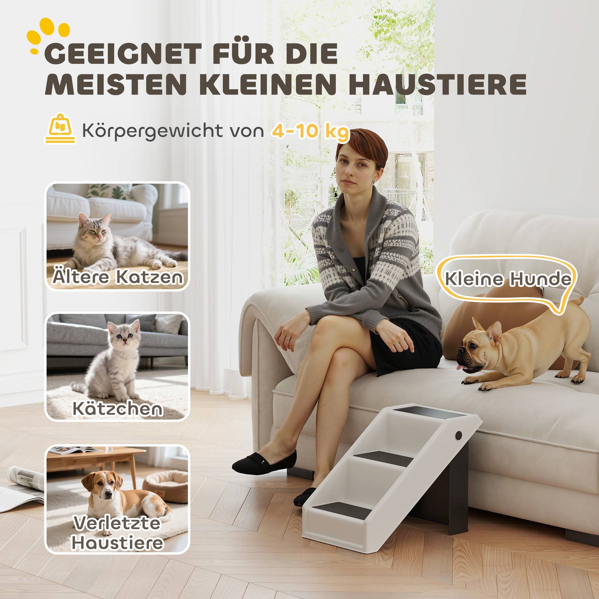 Escalier chien 3 marches 36,5 cm haut, petits chiens, pliable, lit, canapé, voiture, blanc crème - Image 9
