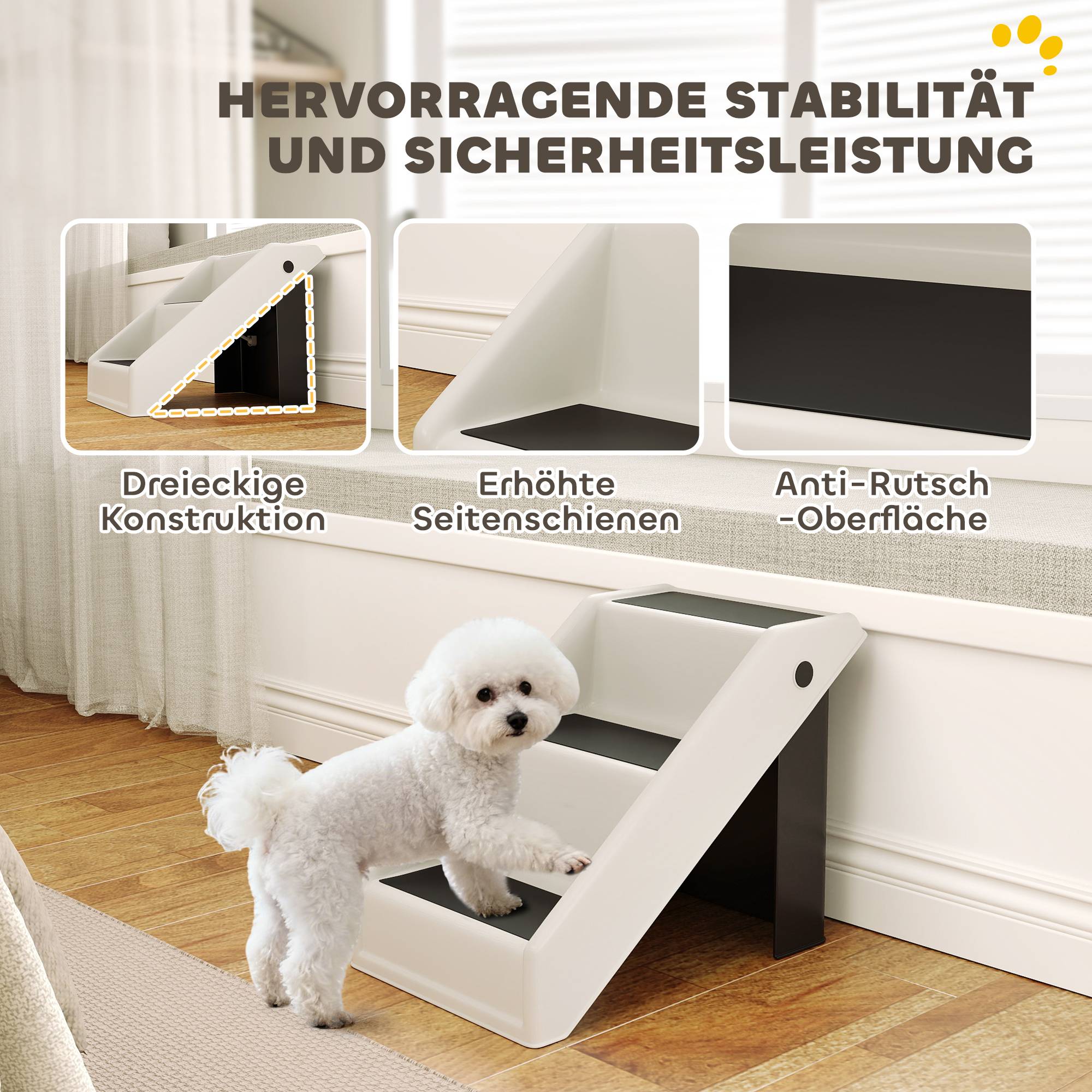 Escalier chien 3 marches 36,5 cm haut, petits chiens, pliable, lit, canapé, voiture, blanc crème - Image 6