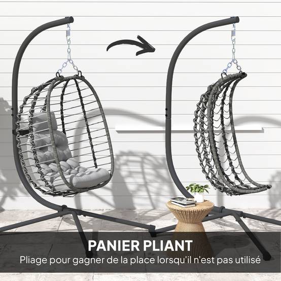 Fauteuil œuf suspendu pliable Résine tressée Intérieur & jardin Hauteur réglable Gris - ComfortXL Outdoor Living - Image 8