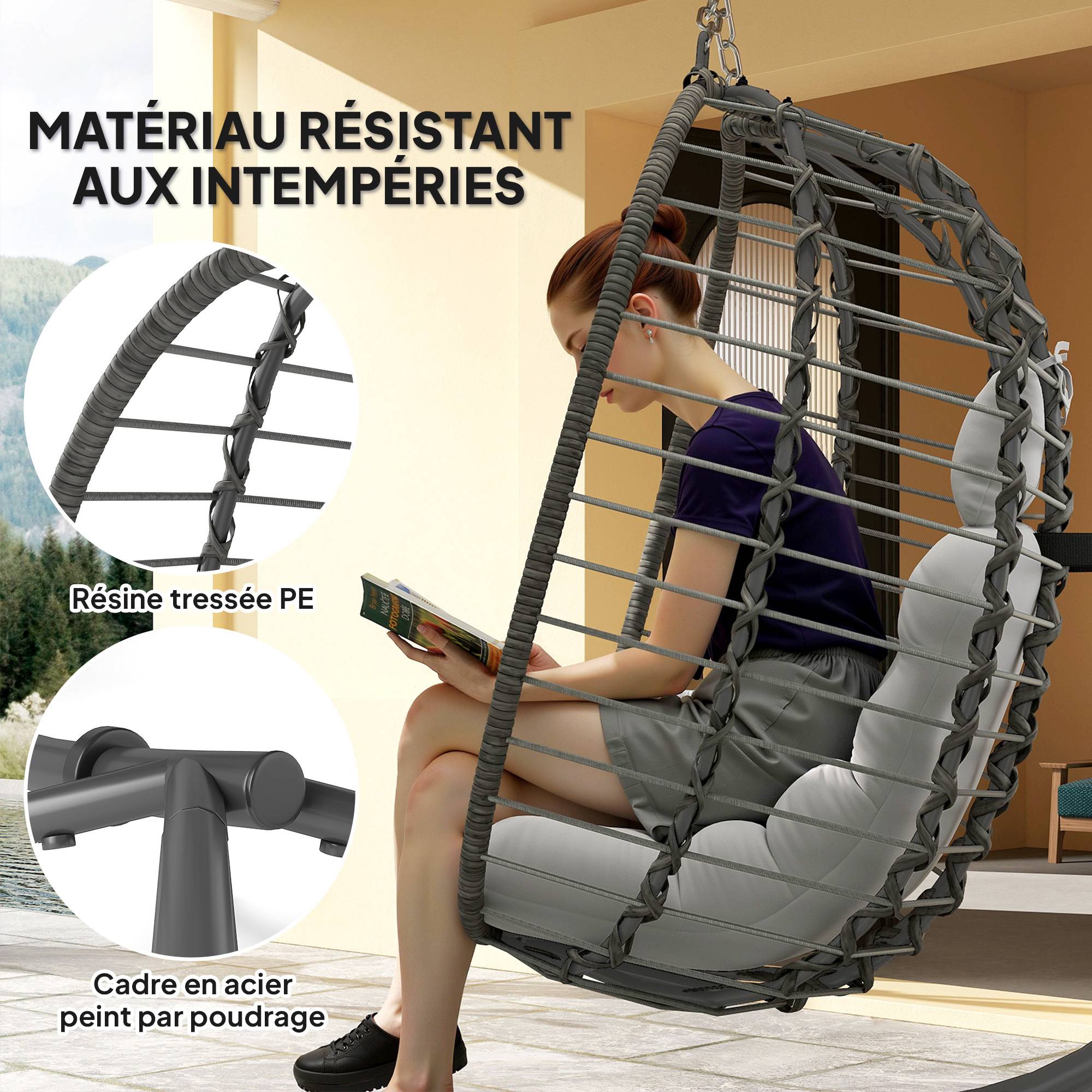Fauteuil œuf suspendu pliable Résine tressée Intérieur & jardin Hauteur réglable Gris - ComfortXL Outdoor Living - Image 6