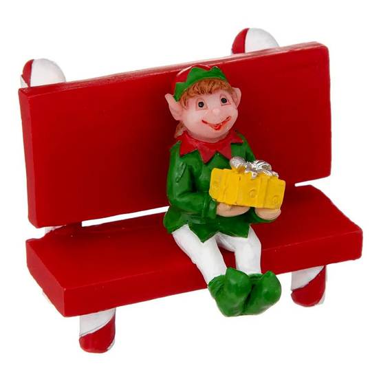 Accessoire Village de Noël "Lutin sur Banc" 6cm Rouge