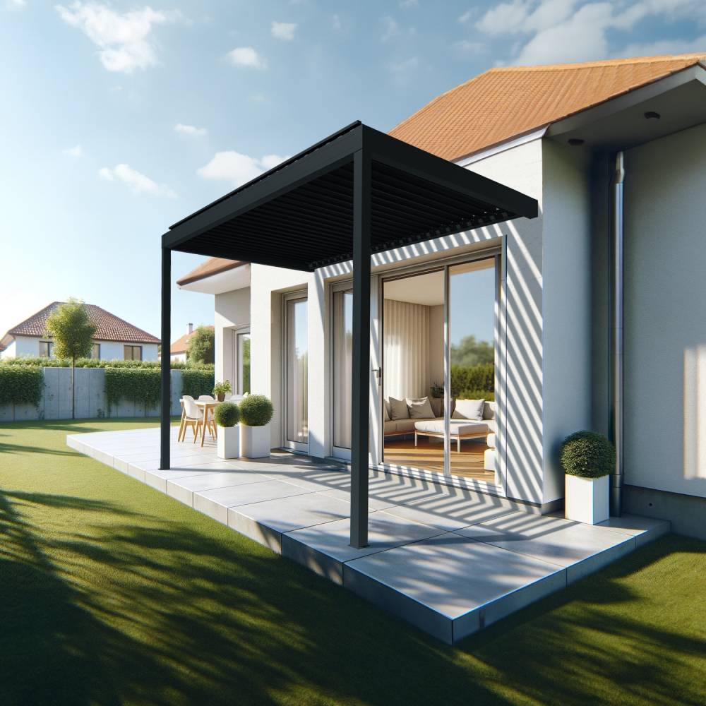 Pergola Bioclimatique AVANOA perpendiculaire 3,526x3,50 M Vérin à Télécommande (Gris anthracite) - Alia Productions - Imagen 2