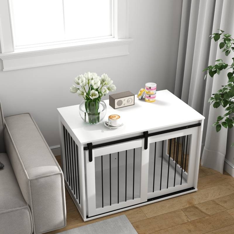 Cage pour chien intérieur avec porte coulissante 98 x 58 x 61 cm bois acier blanc - PANGIVO - Image 8