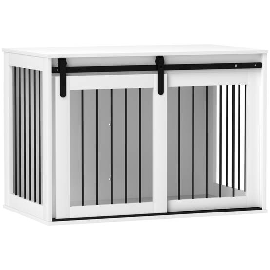 Cage pour chien intérieur avec porte coulissante 98 x 58 x 61 cm bois acier blanc - PANGIVO - Image 1