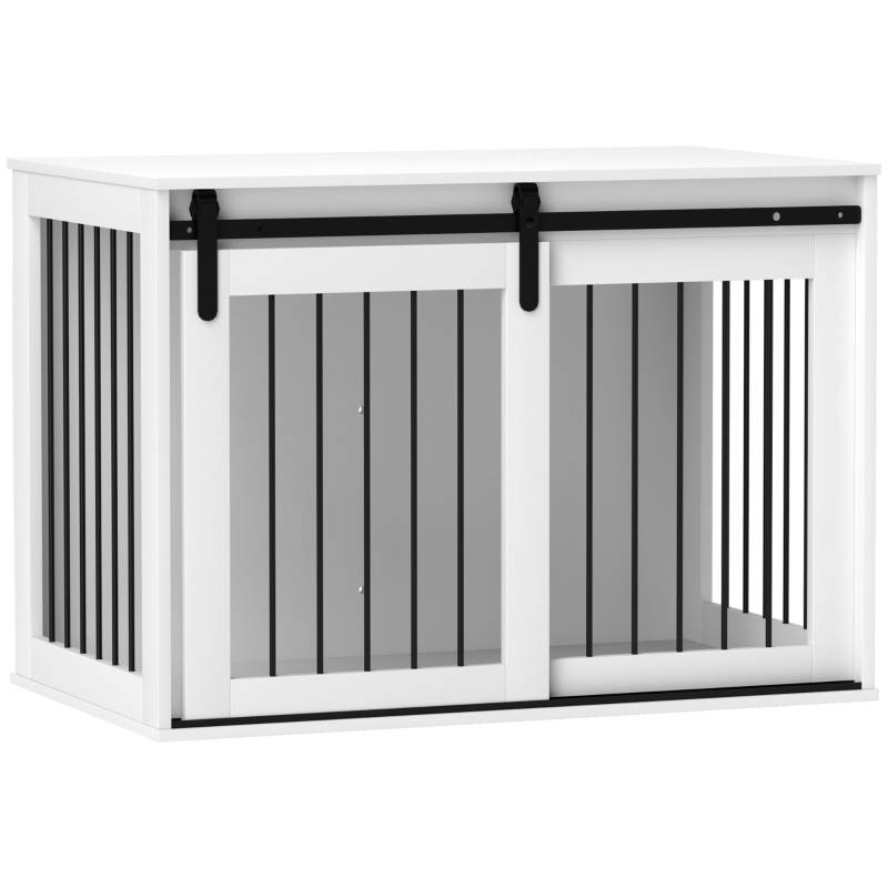 Cage pour chien intérieur avec porte coulissante 98 x 58 x 61 cm bois acier blanc - PANGIVO - Image 1