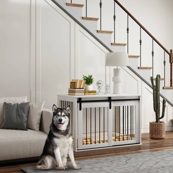 Cage pour chien intérieur avec porte coulissante 98 x 58 x 61 cm bois acier blanc - PANGIVO - Image 2