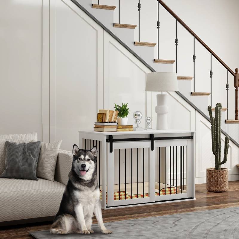 Cage pour chien intérieur avec porte coulissante 98 x 58 x 61 cm bois acier blanc - PANGIVO - Image 2