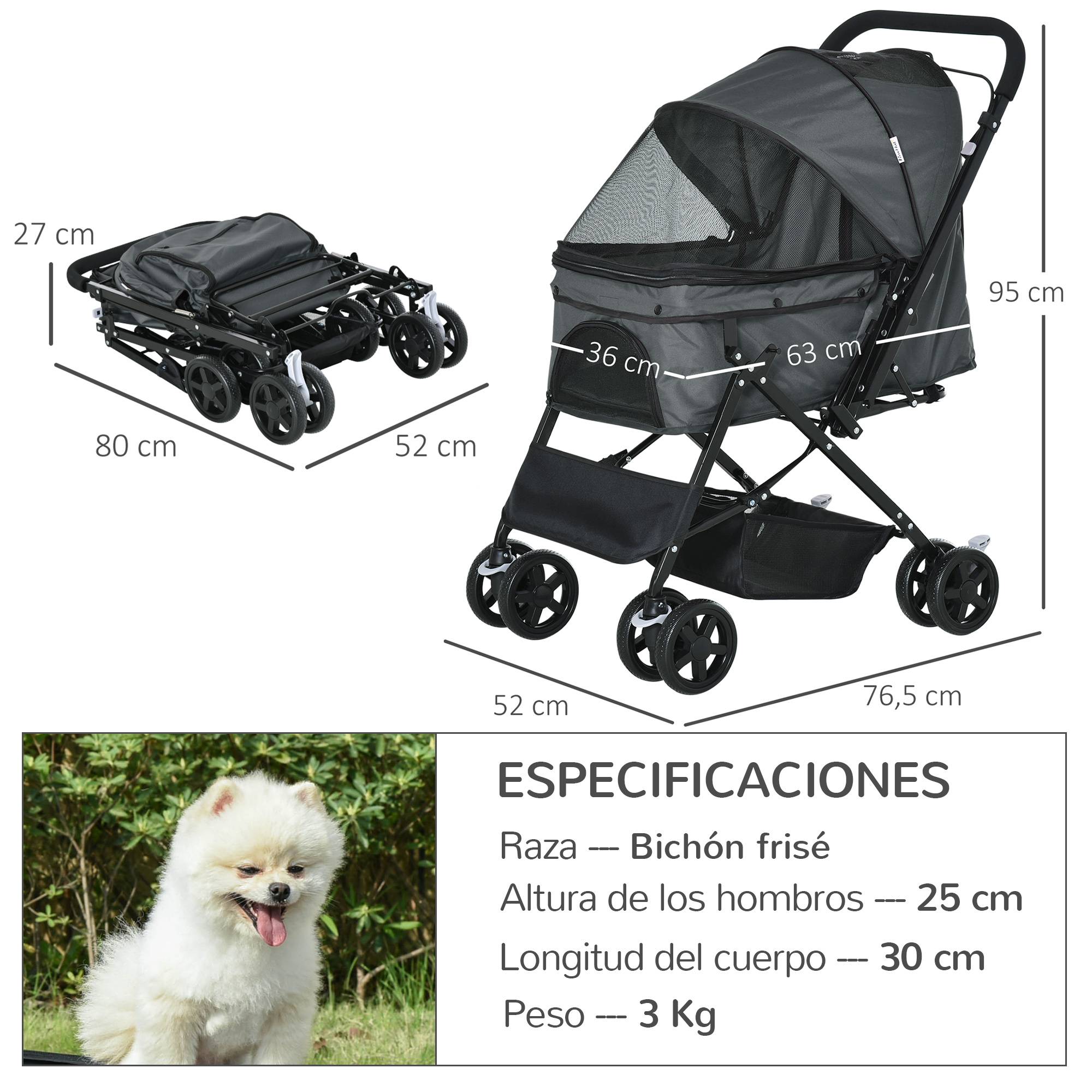Poussette pliable pour chien avec poignée réversible, fenêtre en filet et panier de rangement, 76,5 x 52 x 95 cm, grise - Image 5