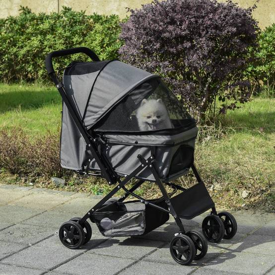 Poussette pliable pour chien avec poignée réversible, fenêtre en filet et panier de rangement, 76,5 x 52 x 95 cm, grise - Image 4