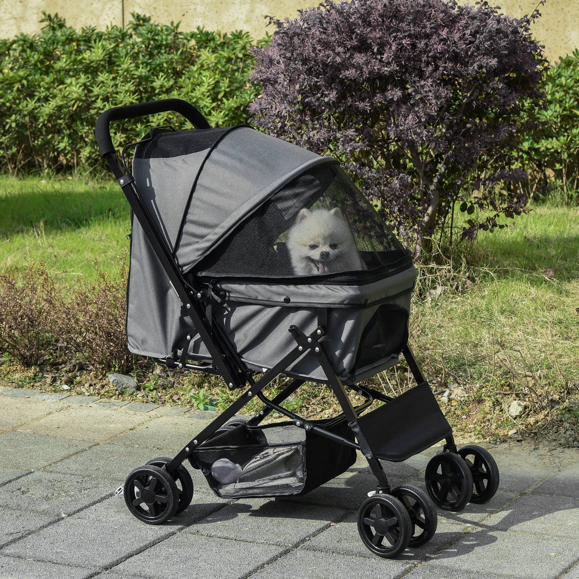 Poussette pliable pour chien avec poignée réversible, fenêtre en filet et panier de rangement, 76,5 x 52 x 95 cm, grise - Image 4