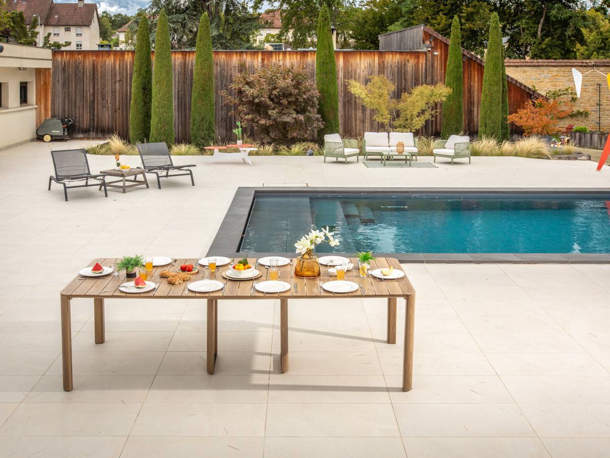 Table de jardin rectangulaire extensible Roko, 3,7 m, 6 rallonges, aspect teck - Jardiline - Image 9