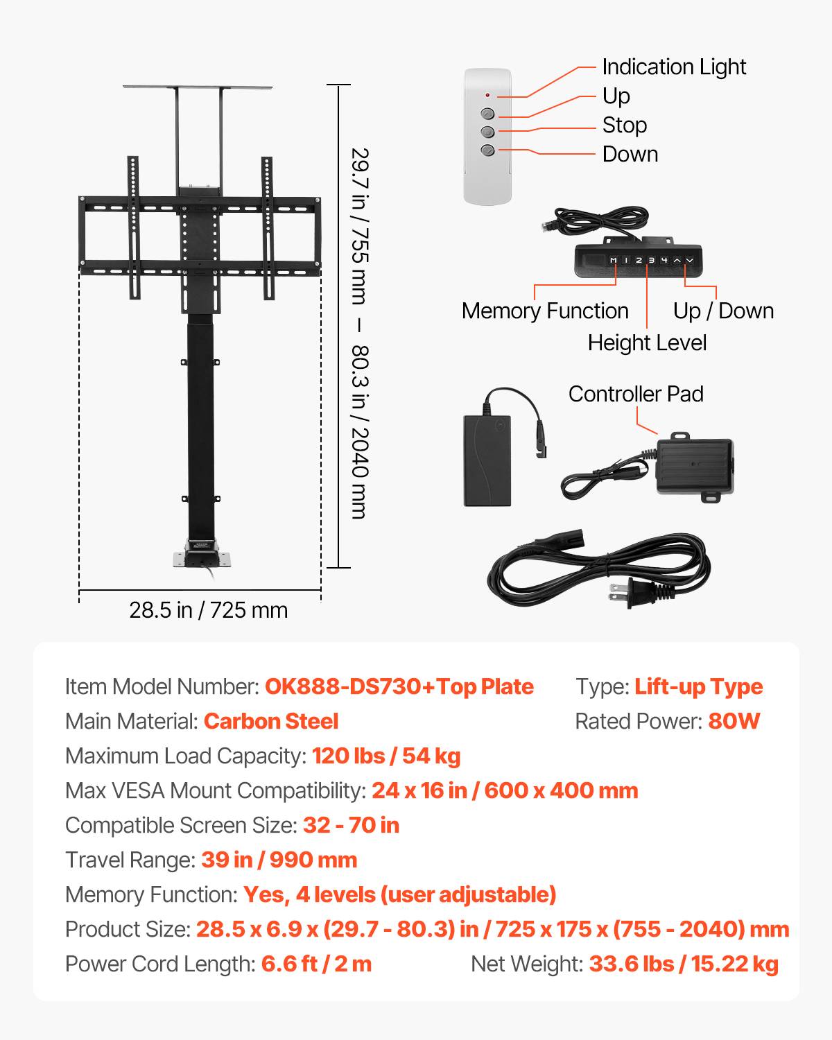 VEVOR Support TV motorisé 32-70", réglable verticalement, charge 54kg, télécommande, VESA 600x400mm. - Image 7