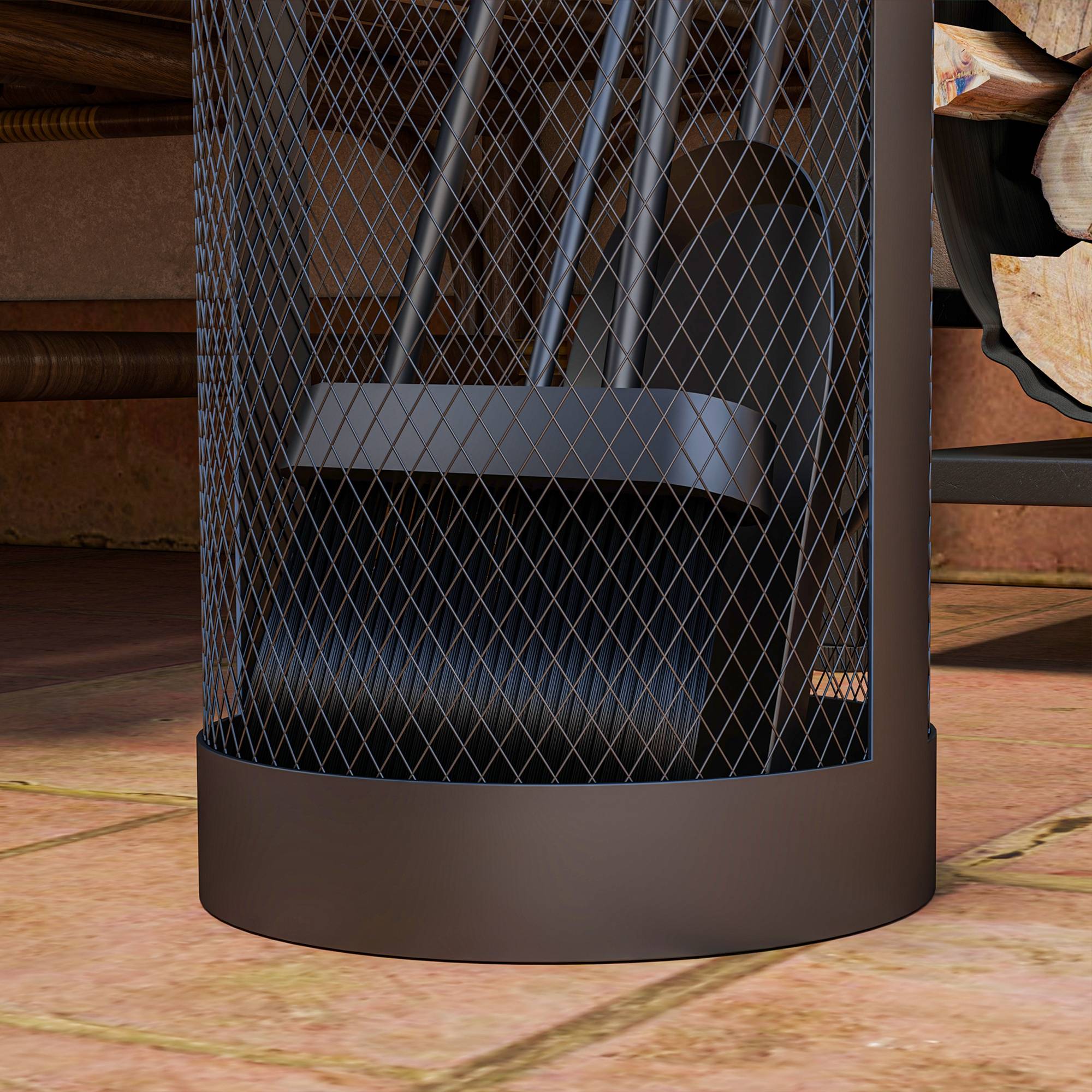 ComfortXL - Serviteur de cheminée 5 pièces en métal noir avec panier Ø 16 cm pour rangement compact des accessoires de foyer - Image 9