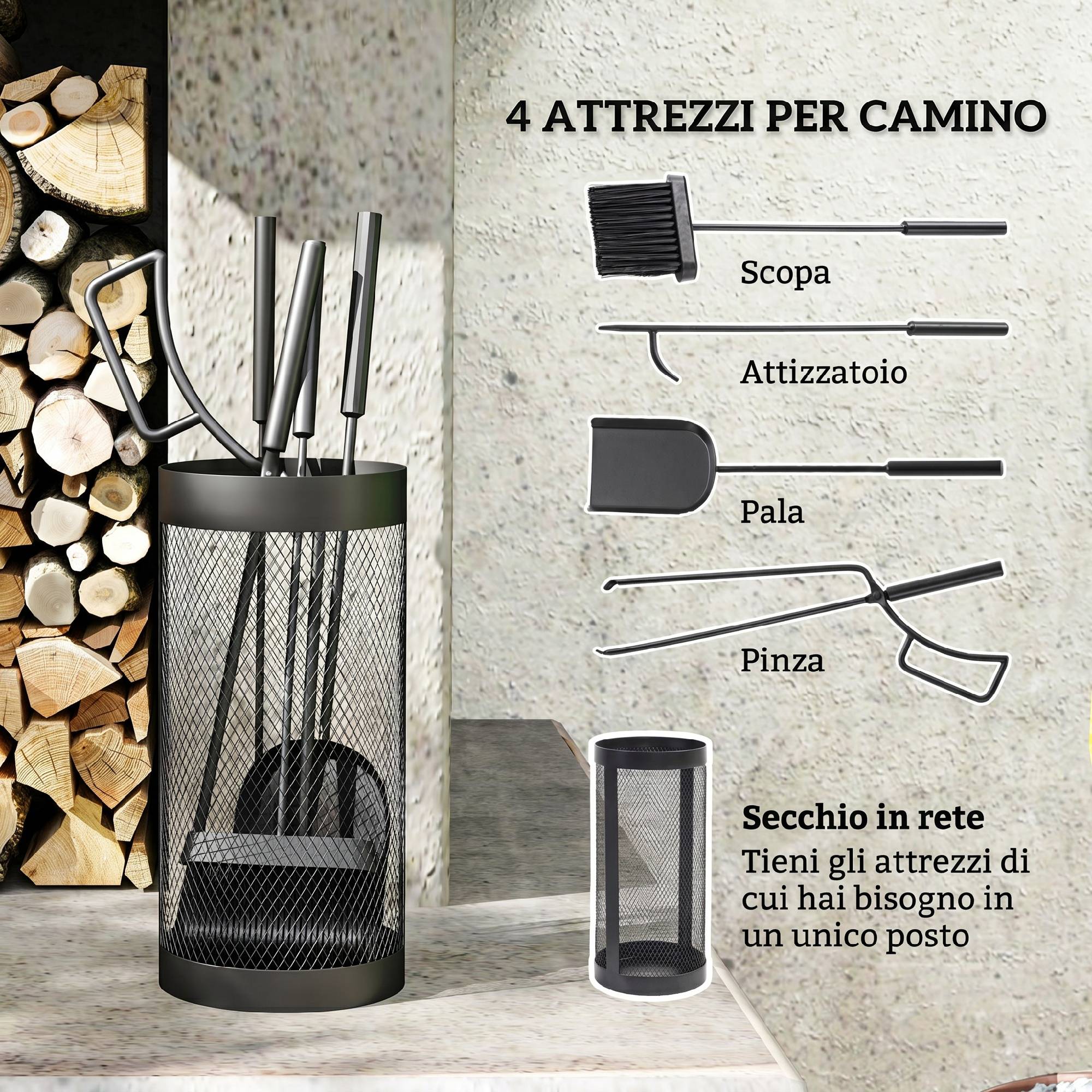 ComfortXL - Serviteur de cheminée 5 pièces en métal noir avec panier Ø 16 cm pour rangement compact des accessoires de foyer - Image 4