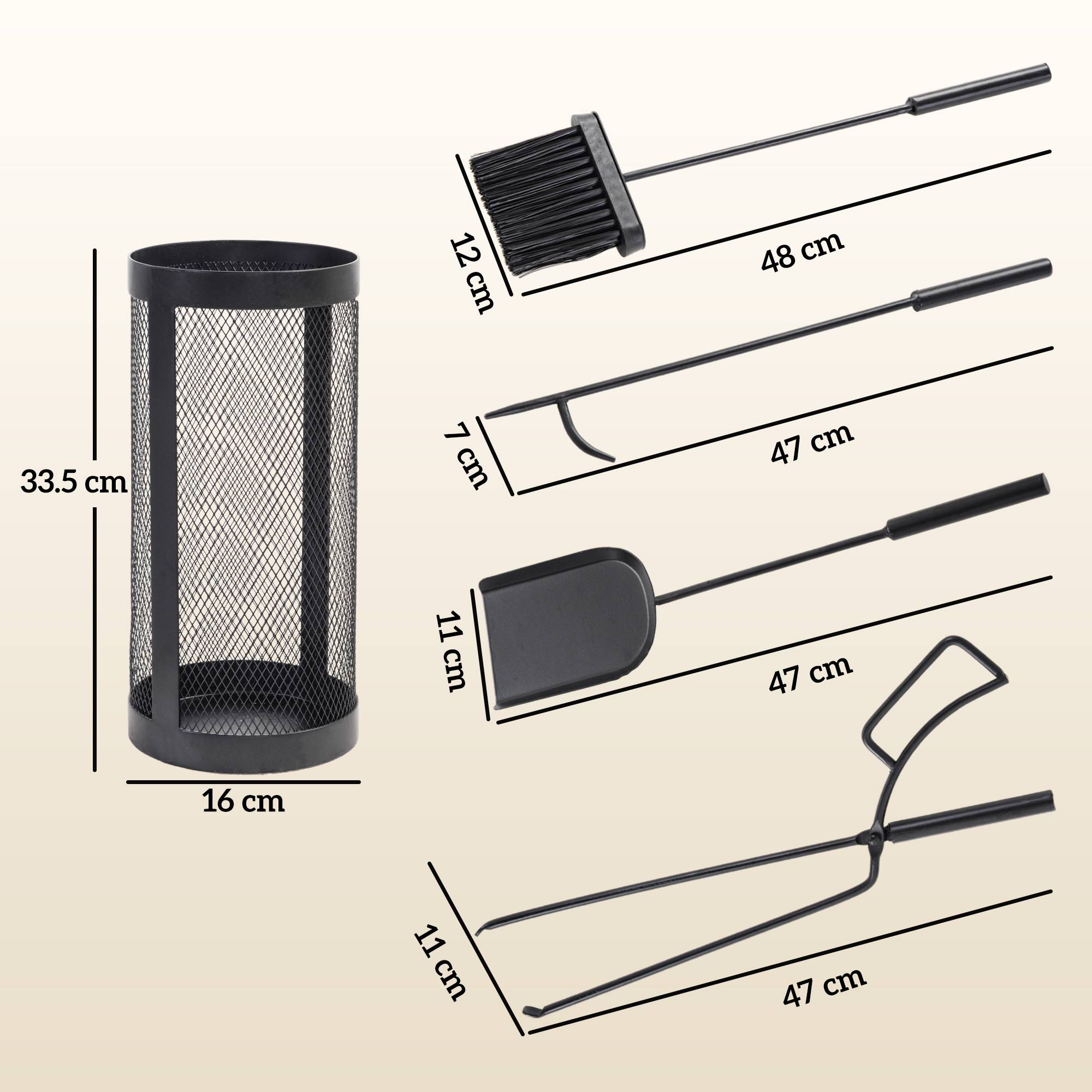 ComfortXL - Serviteur de cheminée 5 pièces en métal noir avec panier Ø 16 cm pour rangement compact des accessoires de foyer - Image 3