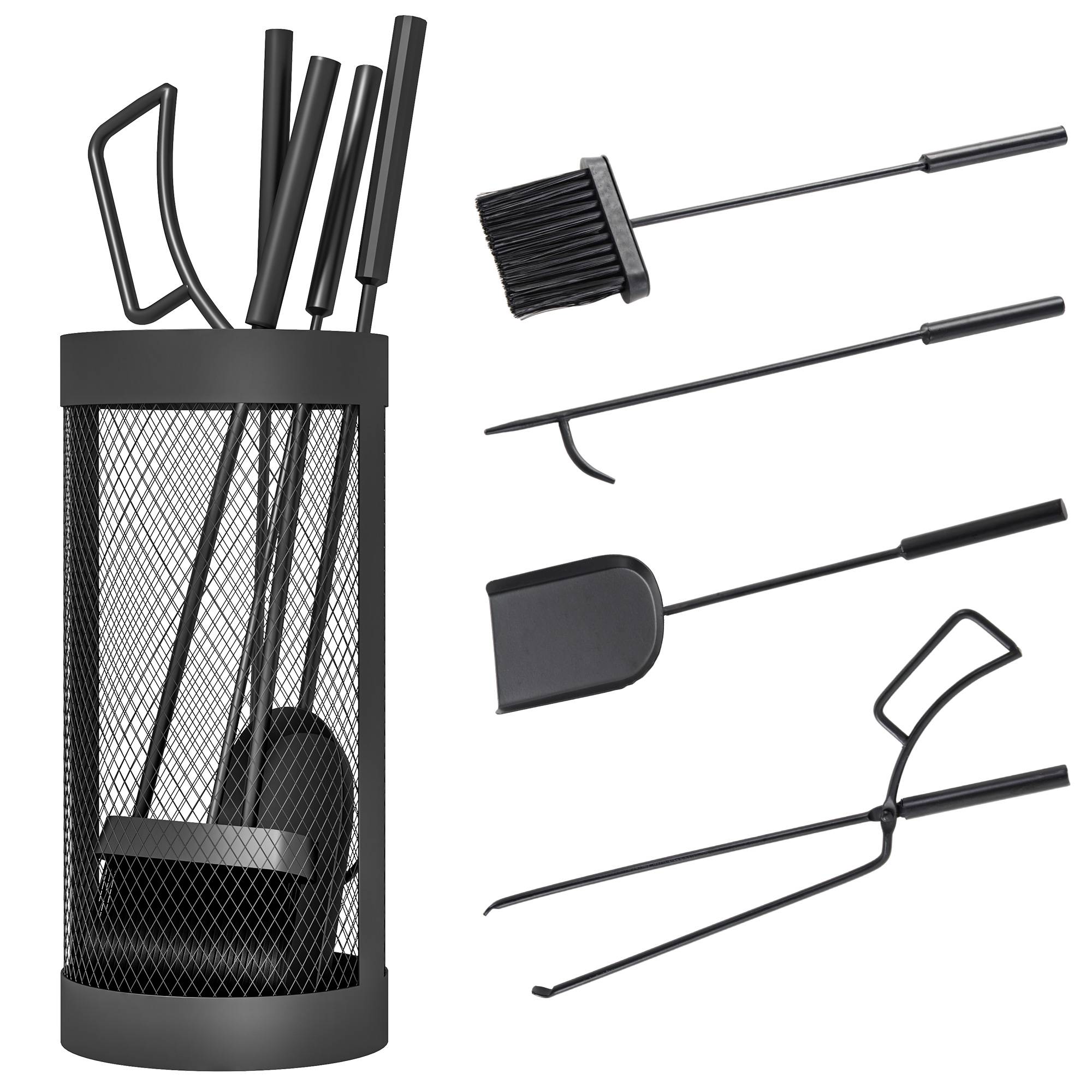 ComfortXL - Serviteur de cheminée 5 pièces en métal noir avec panier Ø 16 cm pour rangement compact des accessoires de foyer - Image 2