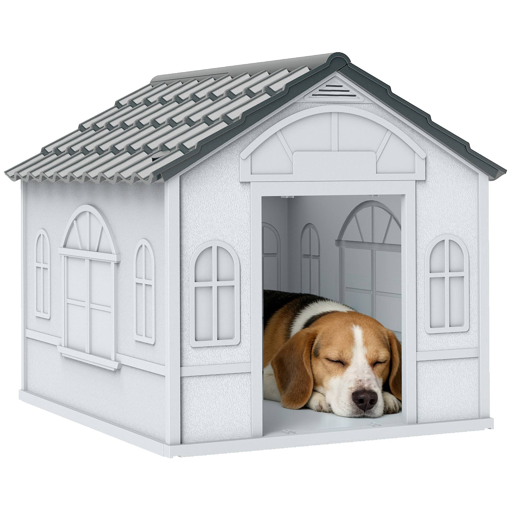 Niche chien extérieur Plastique PP Cottage Toit incliné 65x75x63cm Blanc Gris - ComfortXL Outdoor Living