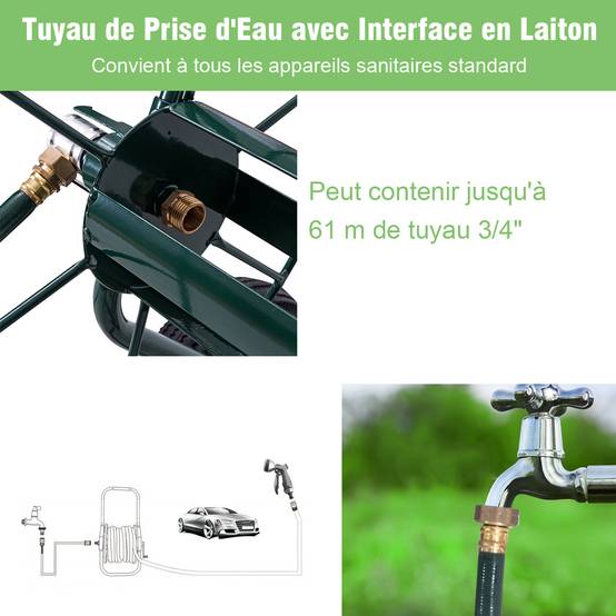 Chariot Enrouleur de Tuyau de Jardin avec 2 Roues Pneumatiques Contenant 61M de Tuyau de 1,9 CM Support de Stockage de Tuyau d'Eau Vert - Image 4