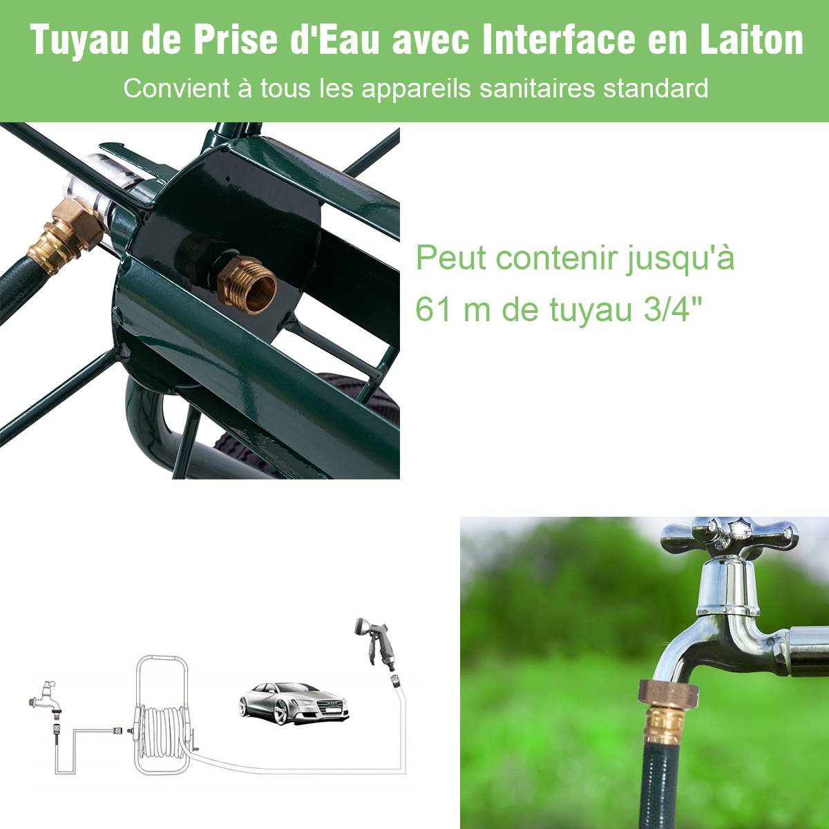 Chariot Enrouleur de Tuyau de Jardin avec 2 Roues Pneumatiques Contenant 61M de Tuyau de 1,9 CM Support de Stockage de Tuyau d'Eau Vert - Image 4