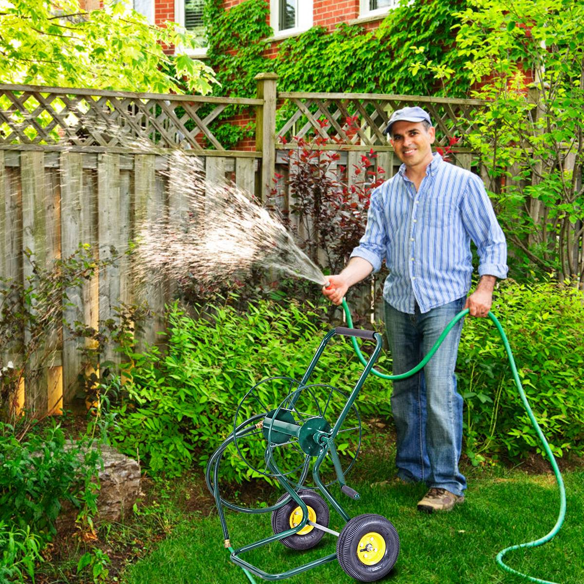 Chariot Enrouleur de Tuyau de Jardin avec 2 Roues Pneumatiques Contenant 61M de Tuyau de 1,9 CM Support de Stockage de Tuyau d'Eau Vert - Image 2