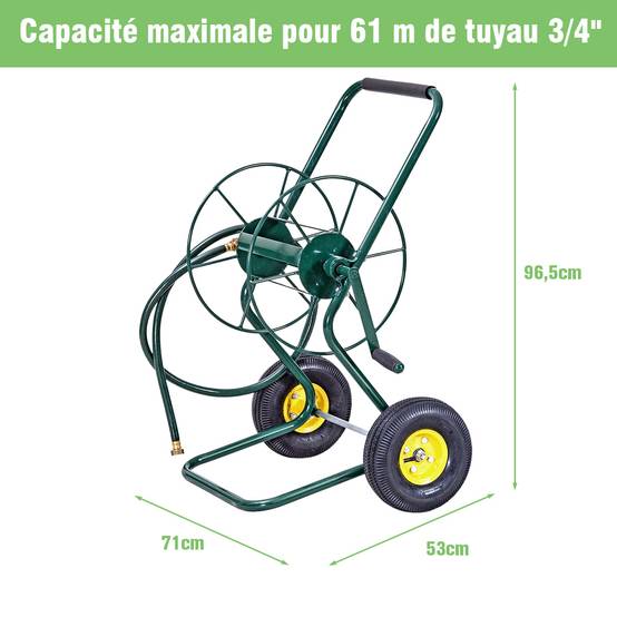 Chariot Enrouleur de Tuyau de Jardin avec 2 Roues Pneumatiques Contenant 61M de Tuyau de 1,9 CM Support de Stockage de Tuyau d'Eau Vert - Image 8