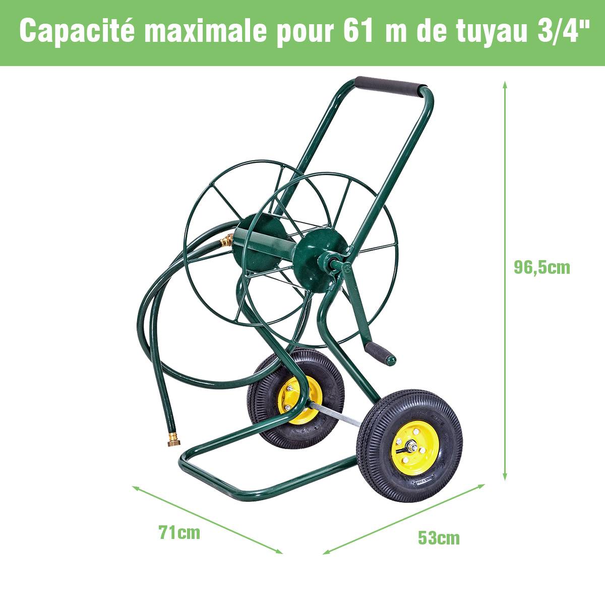 Chariot Enrouleur de Tuyau de Jardin avec 2 Roues Pneumatiques Contenant 61M de Tuyau de 1,9 CM Support de Stockage de Tuyau d'Eau Vert - Image 8