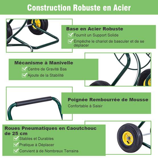Chariot Enrouleur de Tuyau de Jardin avec 2 Roues Pneumatiques Contenant 61M de Tuyau de 1,9 CM Support de Stockage de Tuyau d'Eau Vert - Image 3