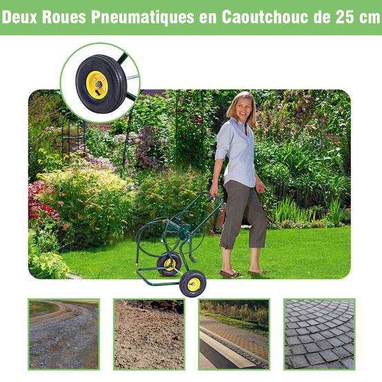 Chariot Enrouleur de Tuyau de Jardin avec 2 Roues Pneumatiques Contenant 61M de Tuyau de 1,9 CM Support de Stockage de Tuyau d'Eau Vert - Image 6