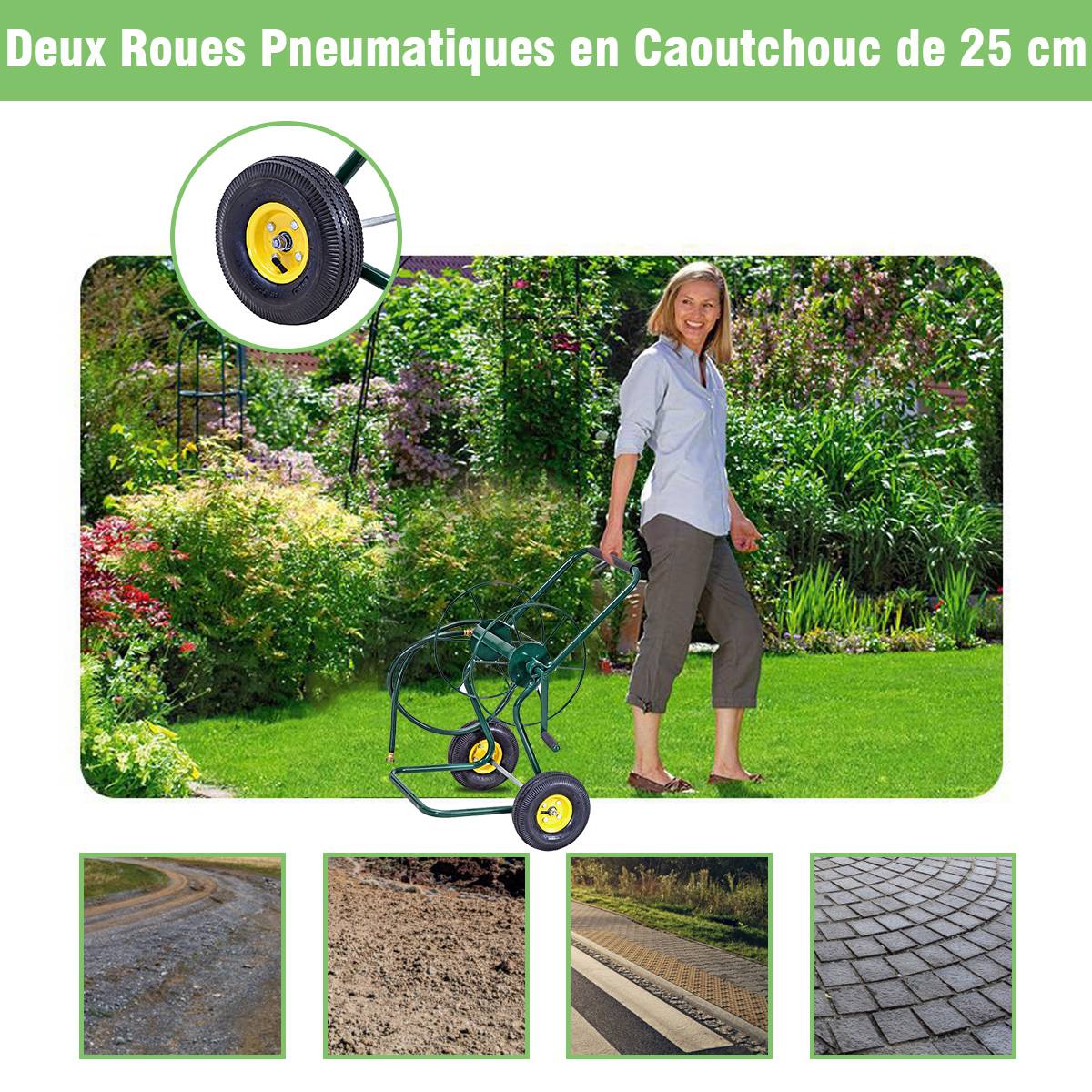 Chariot Enrouleur de Tuyau de Jardin avec 2 Roues Pneumatiques Contenant 61M de Tuyau de 1,9 CM Support de Stockage de Tuyau d'Eau Vert - Image 6