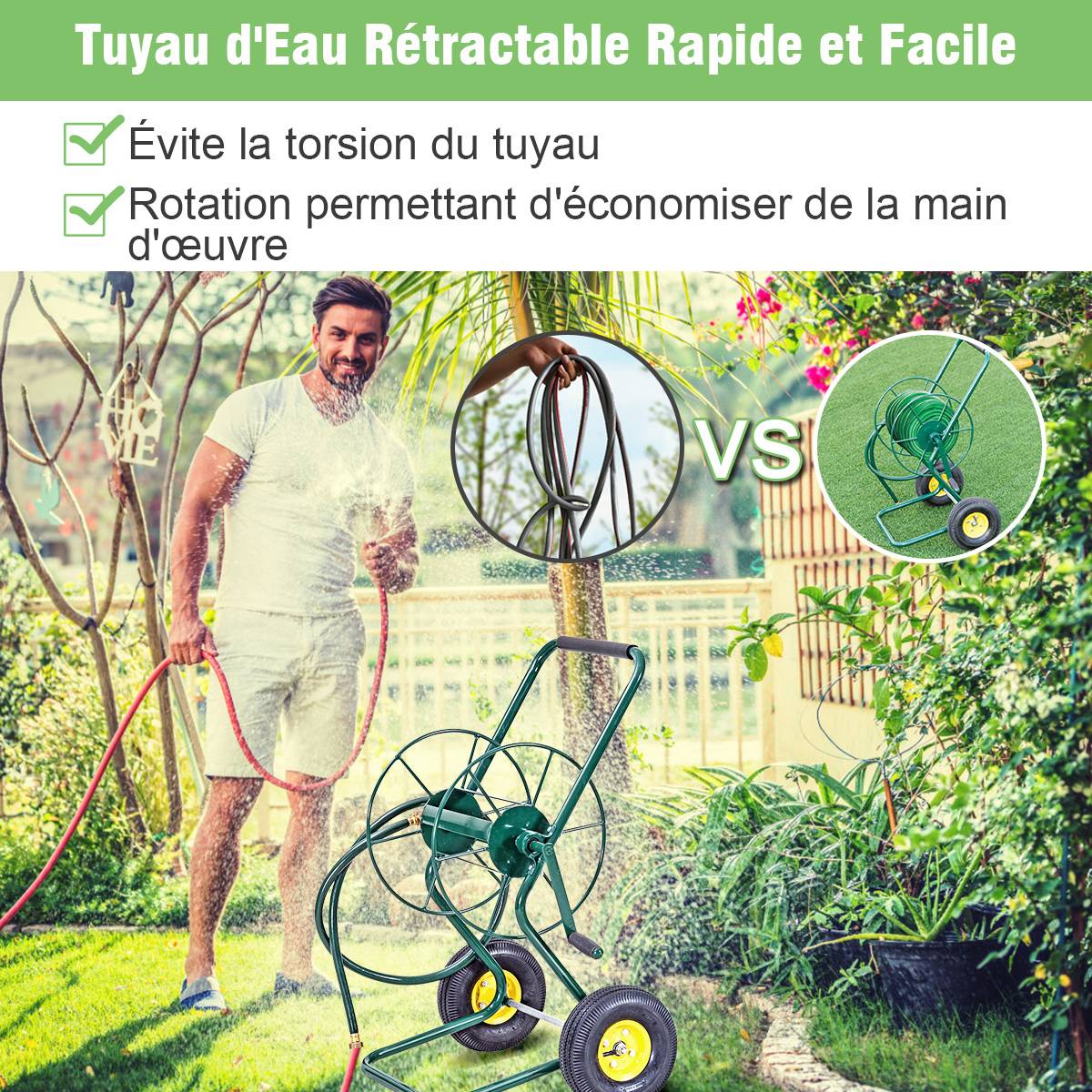 Chariot Enrouleur de Tuyau de Jardin avec 2 Roues Pneumatiques Contenant 61M de Tuyau de 1,9 CM Support de Stockage de Tuyau d'Eau Vert - Image 5