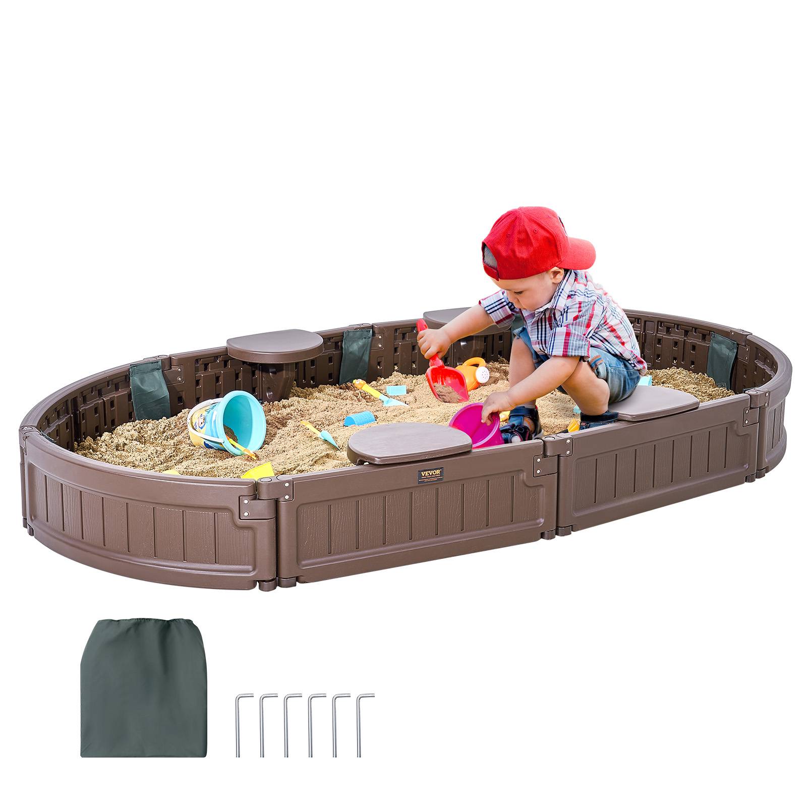 VEVOR Bac sable couvercle ovale PEHD, 1830x1055x230 mm. 4 sièges angle, pour jardin. - Image 1