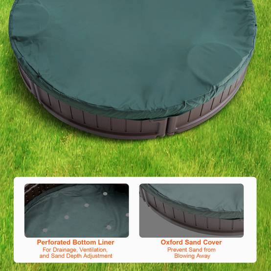 VEVOR Bac sable couvercle ovale PEHD, 1830x1055x230 mm. 4 sièges angle, pour jardin. - Image 5