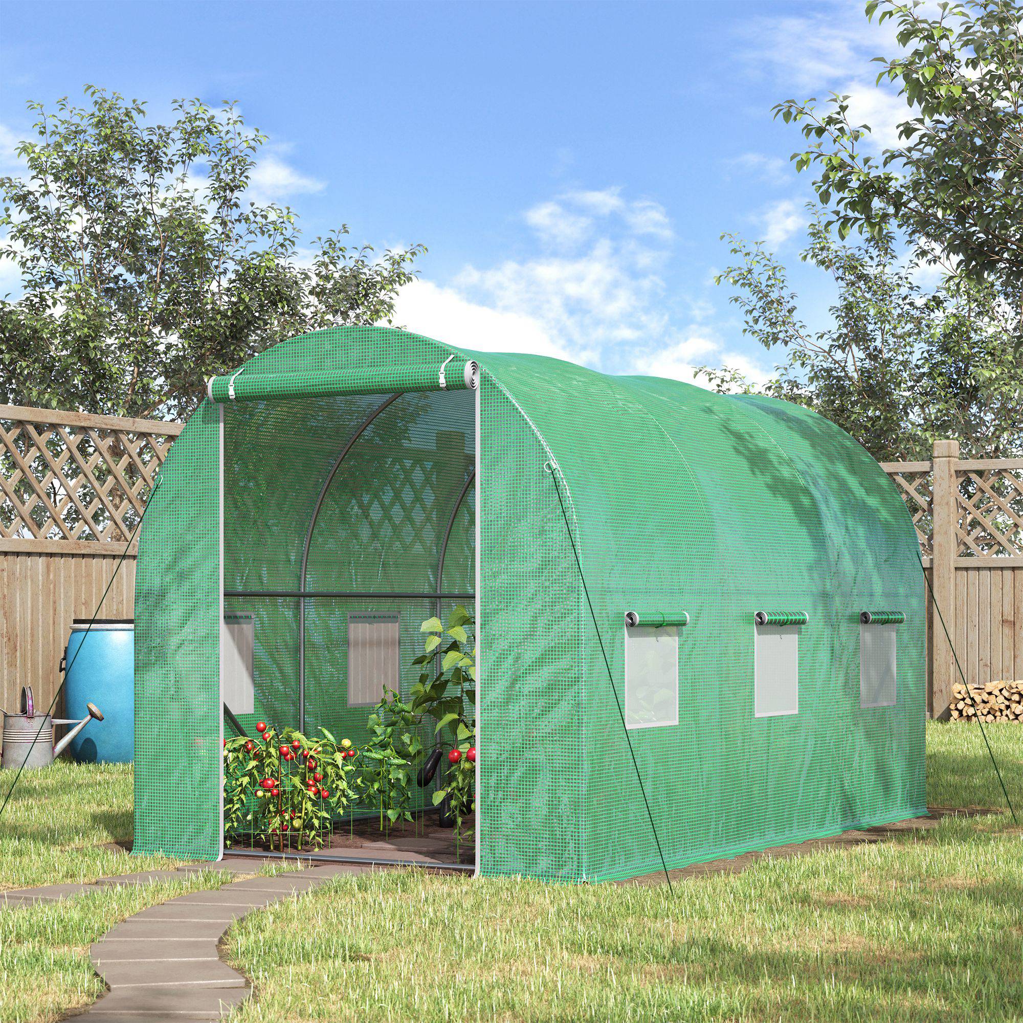 Serre de Jardin Tunnel Surface Sol 6 m² 3L x 2l x 2H m châssis Tubulaire renforcé Porte zippée 6 fenêtres enroulables Vert - Image 4