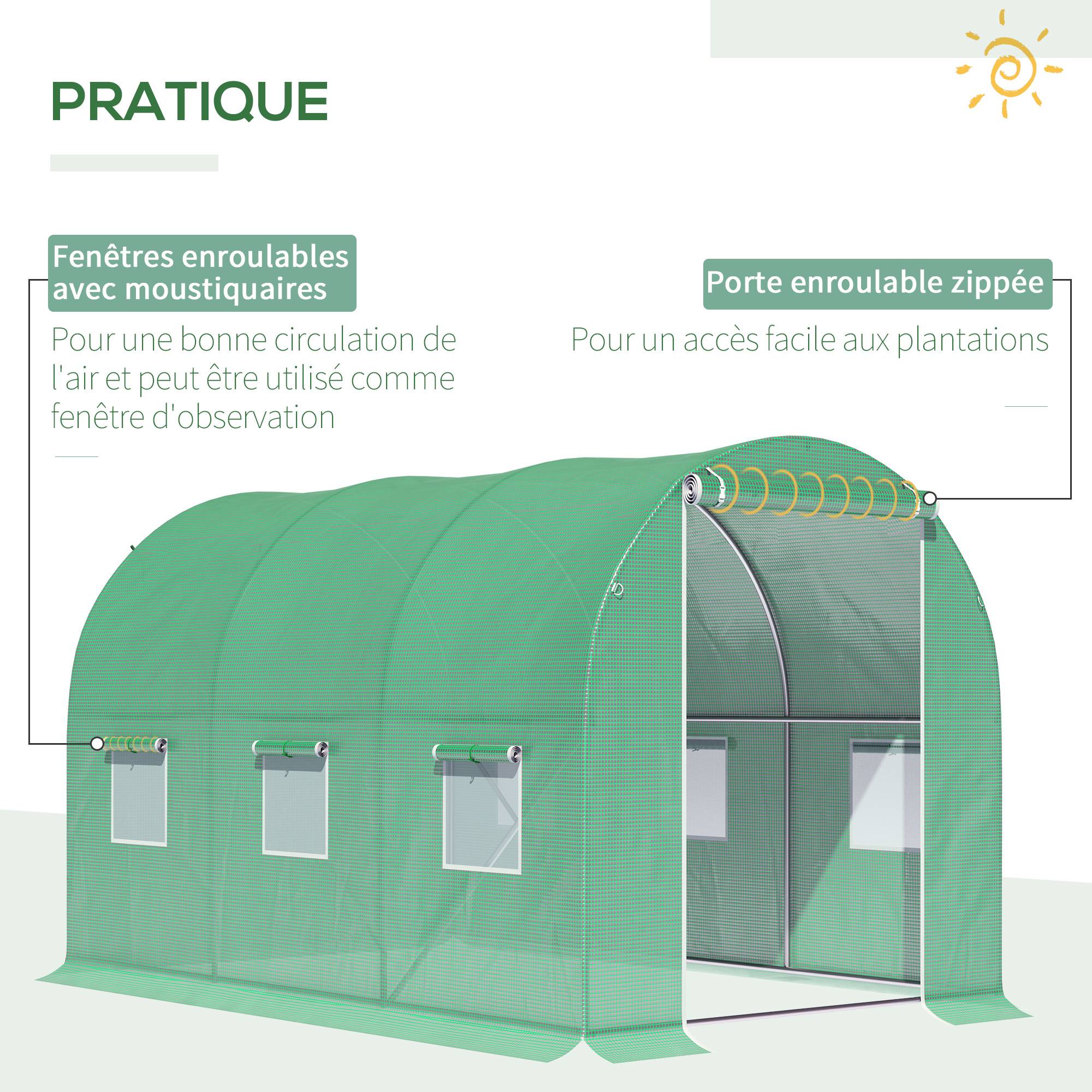 Serre de Jardin Tunnel Surface Sol 6 m² 3L x 2l x 2H m châssis Tubulaire renforcé Porte zippée 6 fenêtres enroulables Vert - Image 8