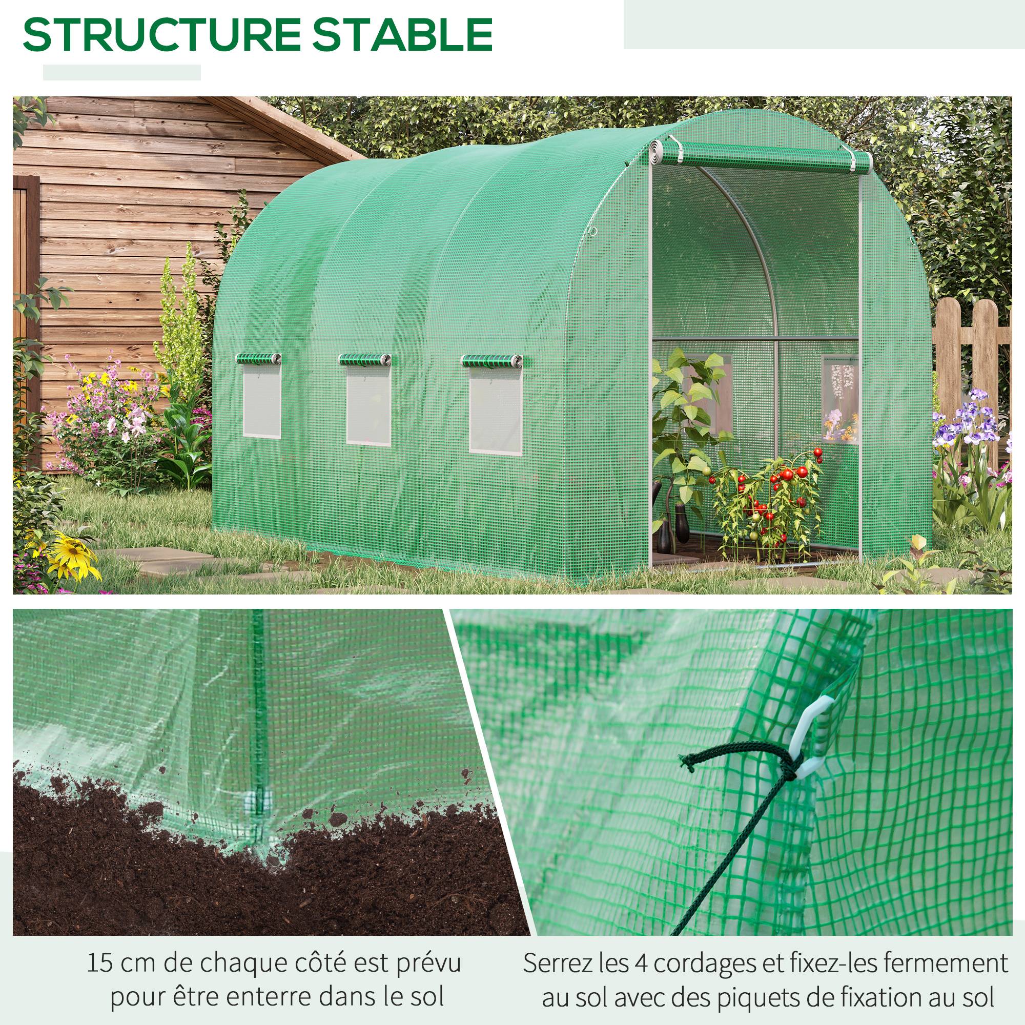 Serre de Jardin Tunnel Surface Sol 6 m² 3L x 2l x 2H m châssis Tubulaire renforcé Porte zippée 6 fenêtres enroulables Vert - Image 7
