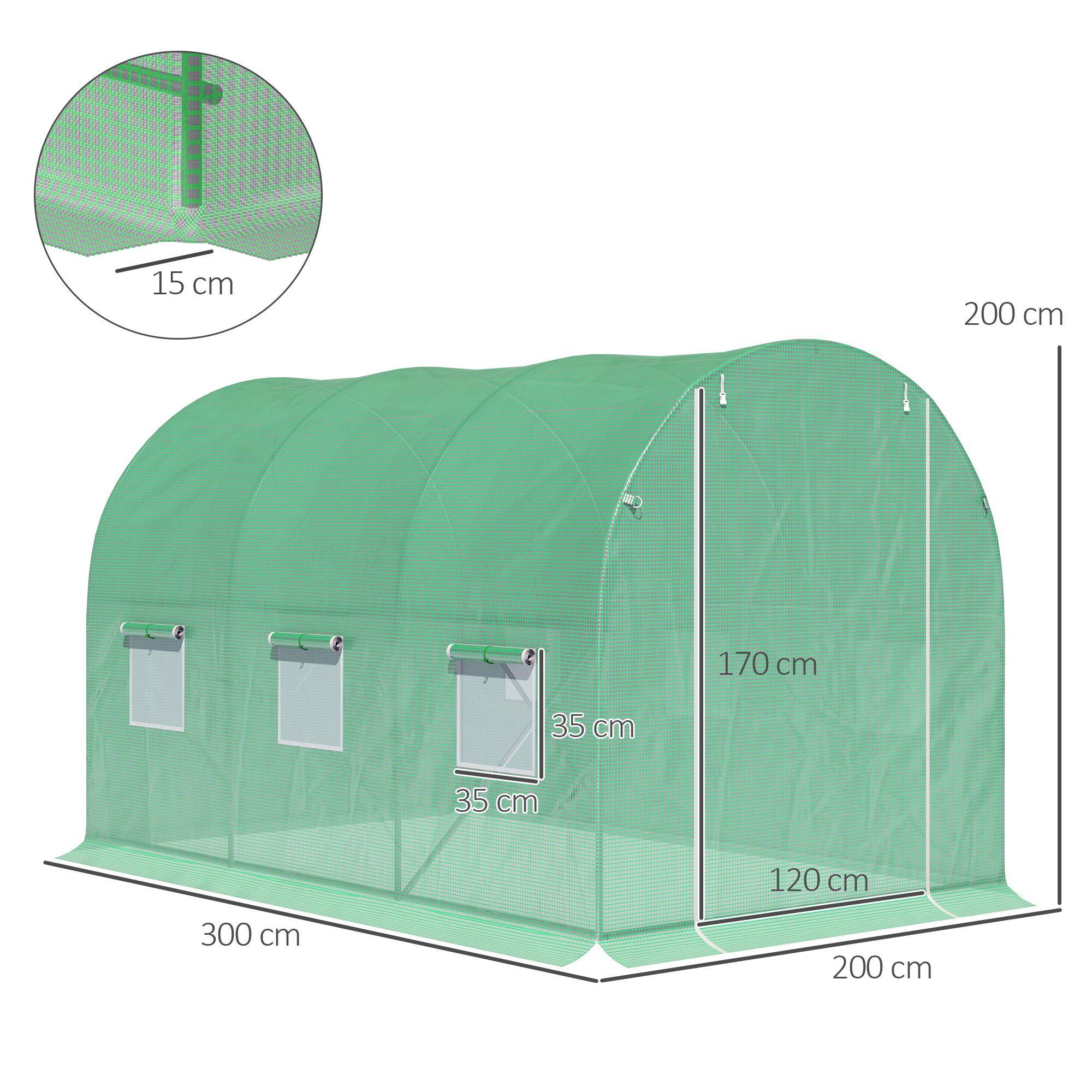 Serre de Jardin Tunnel Surface Sol 6 m² 3L x 2l x 2H m châssis Tubulaire renforcé Porte zippée 6 fenêtres enroulables Vert - Image 5