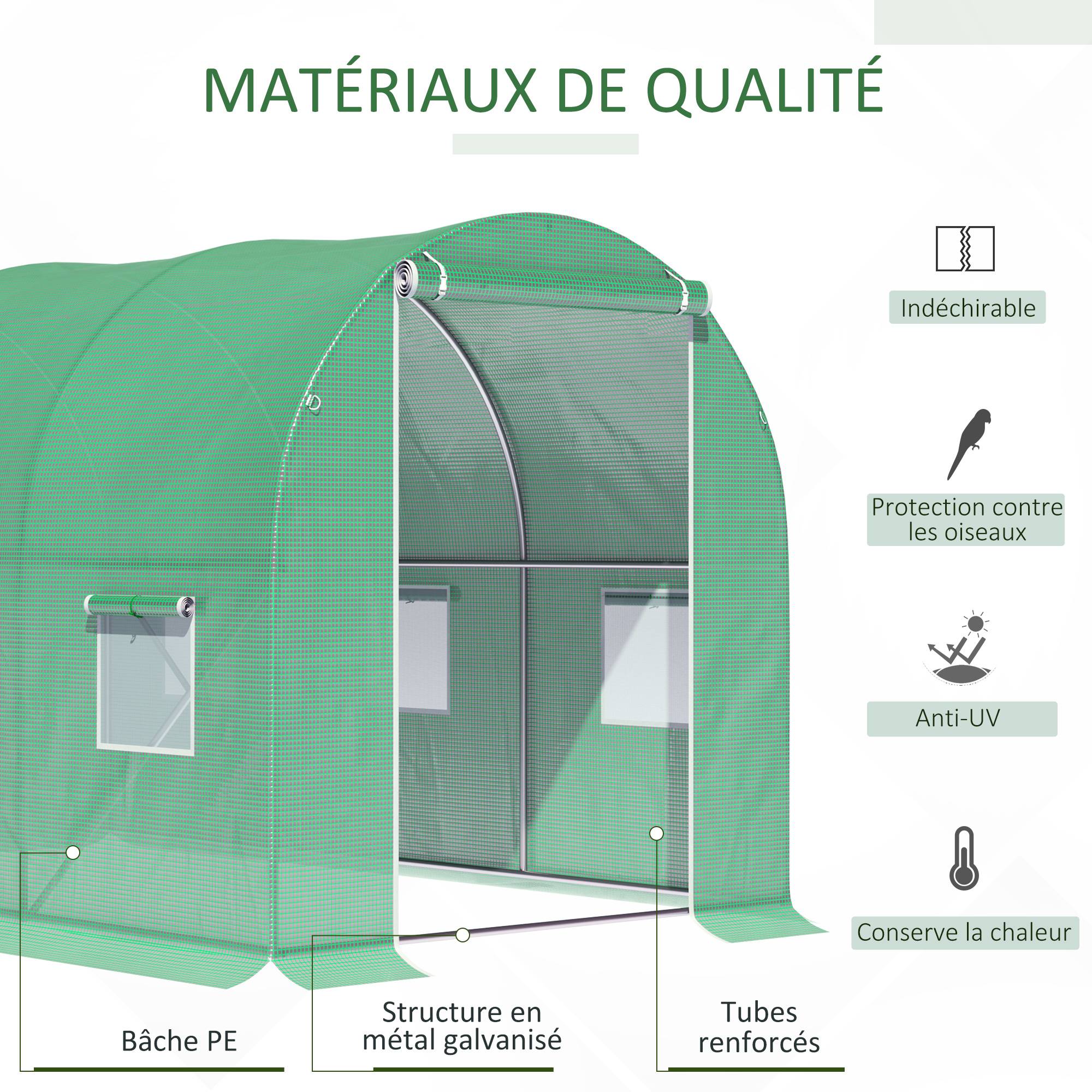 Serre de Jardin Tunnel Surface Sol 6 m² 3L x 2l x 2H m châssis Tubulaire renforcé Porte zippée 6 fenêtres enroulables Vert - Image 6