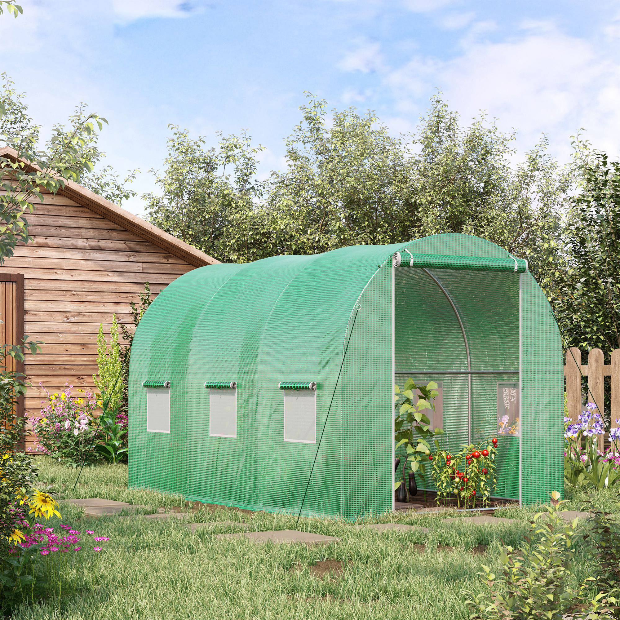 Serre de Jardin Tunnel Surface Sol 6 m² 3L x 2l x 2H m châssis Tubulaire renforcé Porte zippée 6 fenêtres enroulables Vert - Image 3
