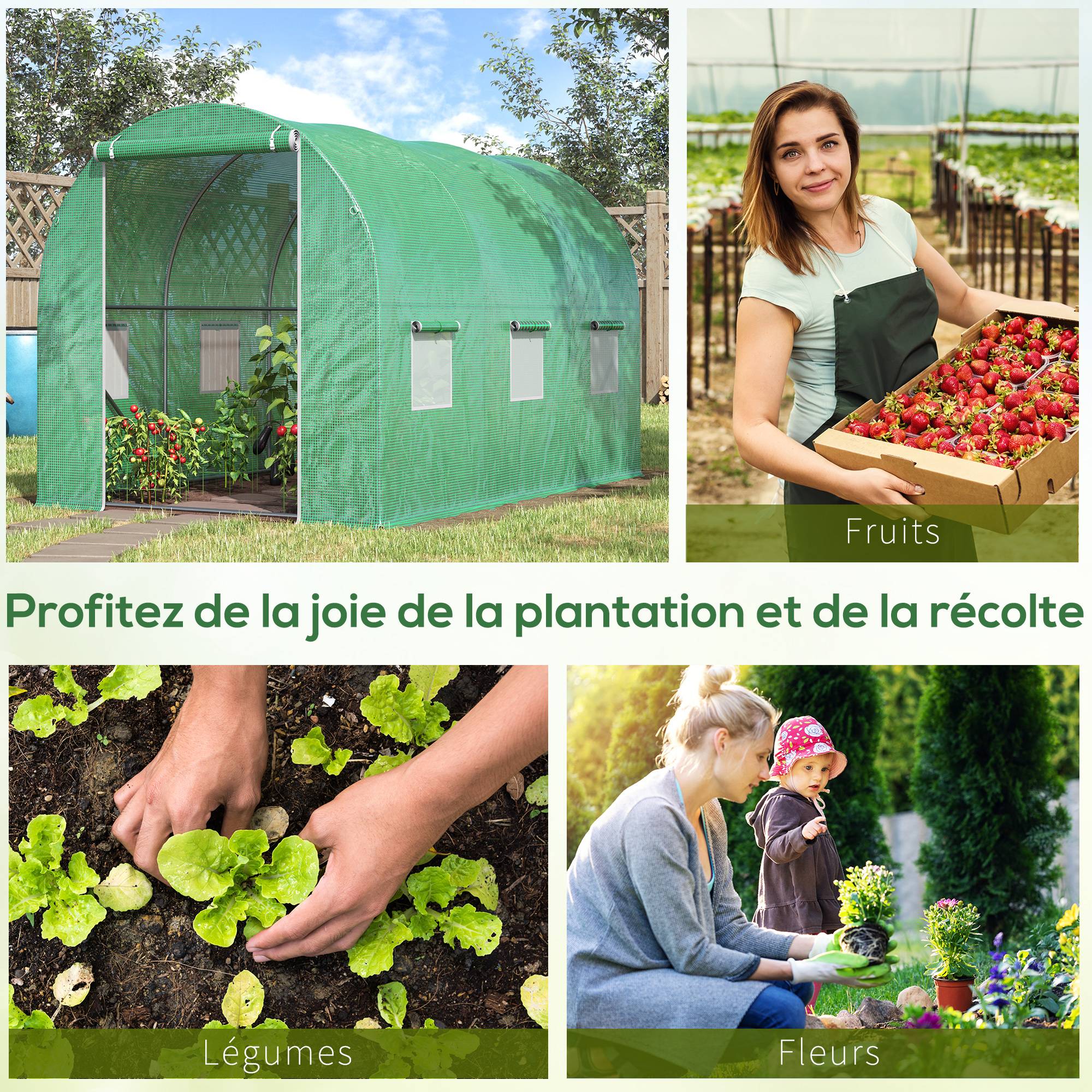 Serre de Jardin Tunnel Surface Sol 6 m² 3L x 2l x 2H m châssis Tubulaire renforcé Porte zippée 6 fenêtres enroulables Vert - Image 9