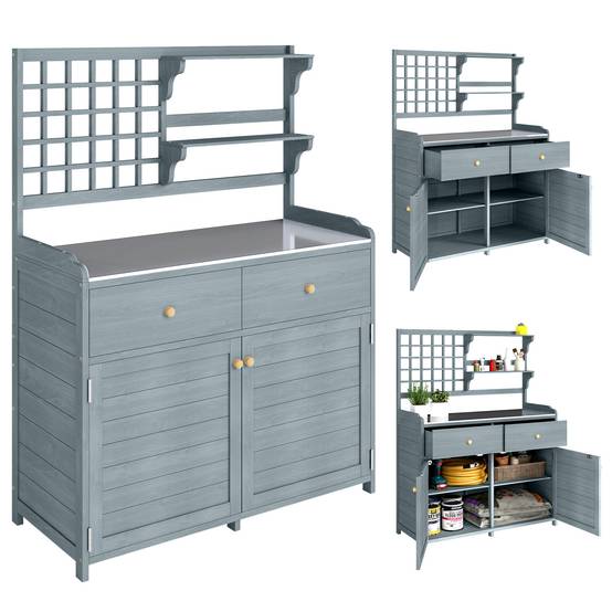 ComfortXL - Table de rempotage en bois de sapin 104 x 44 x 140 cm gris clair avec plateau galvanisé et rangements - Image 2