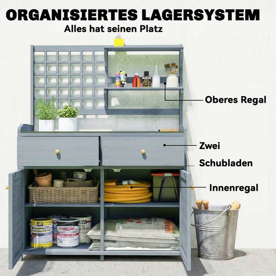 ComfortXL - Table de rempotage en bois de sapin 104 x 44 x 140 cm gris clair avec plateau galvanisé et rangements - Image 5