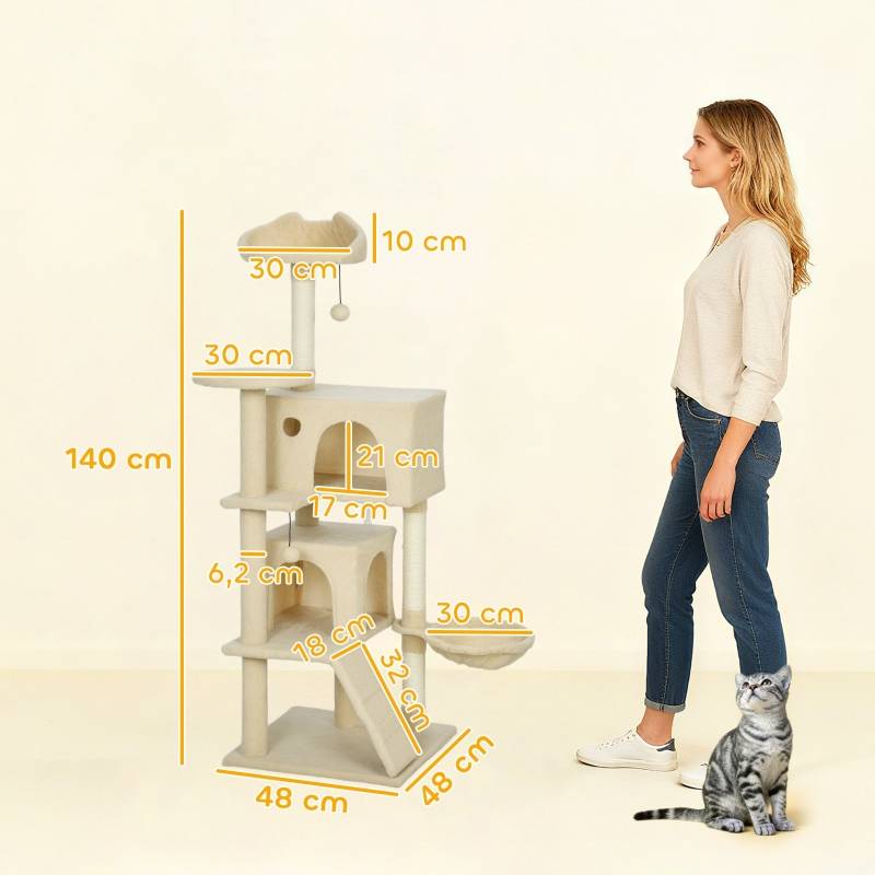 Arbre à chat 140cm avec hamac, échelle, grotte, 2 balles peluche, poteaux sisal 48x48x140cm beige - Image 3