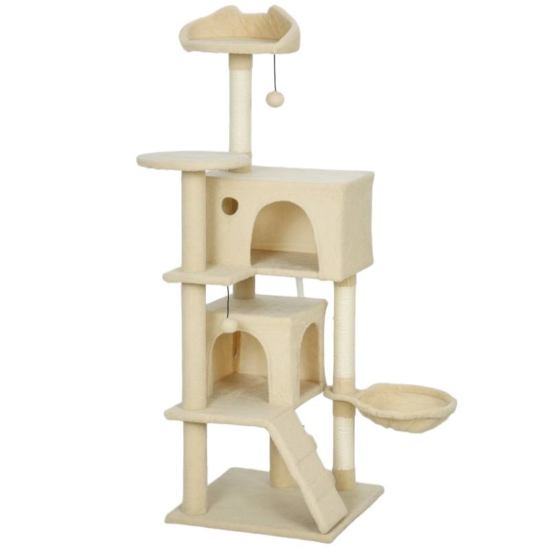 Arbre à chat 140cm avec hamac, échelle, grotte, 2 balles peluche, poteaux sisal 48x48x140cm beige