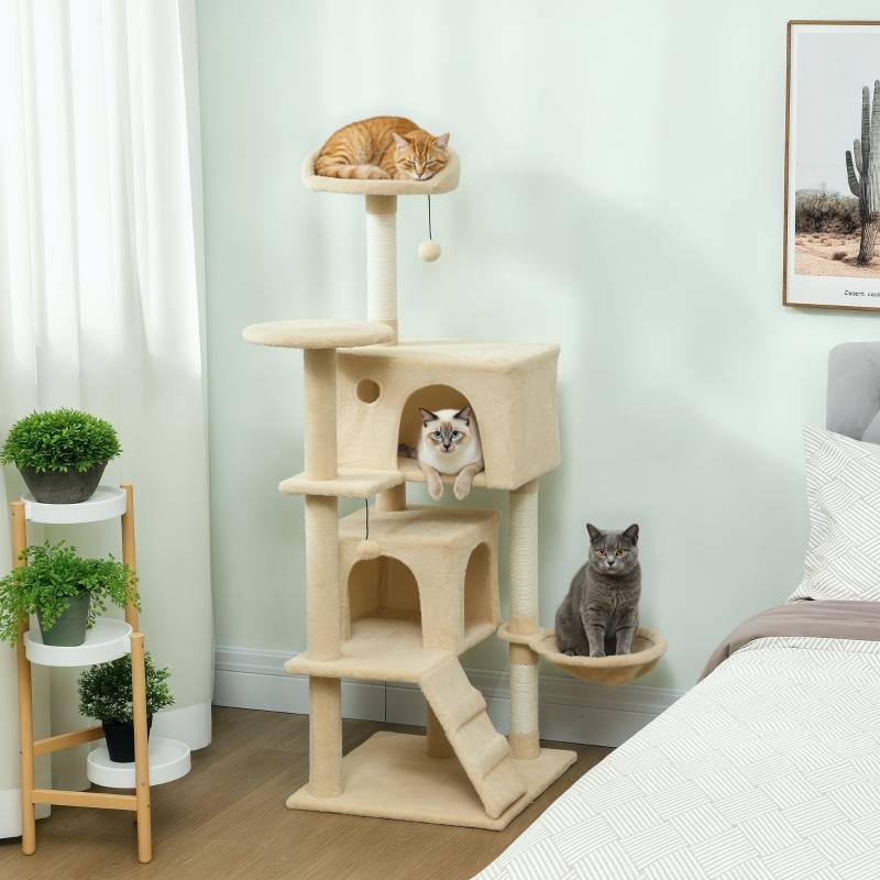 Arbre à chat 140cm avec hamac, échelle, grotte, 2 balles peluche, poteaux sisal 48x48x140cm beige - Image 2