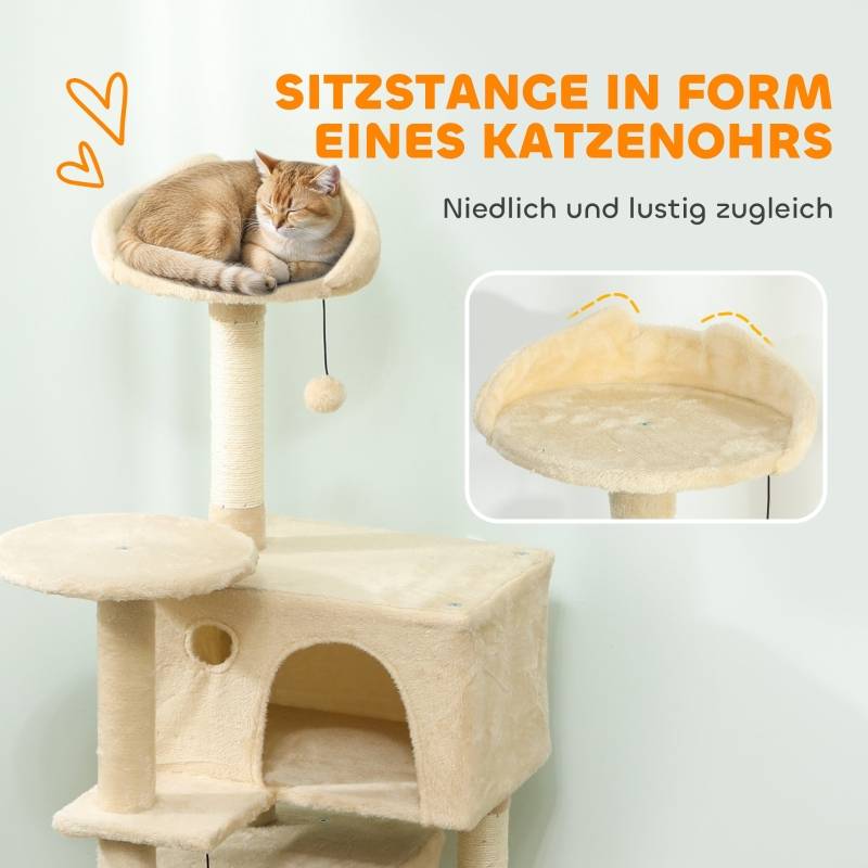 Arbre à chat 140cm avec hamac, échelle, grotte, 2 balles peluche, poteaux sisal 48x48x140cm beige - Image 5