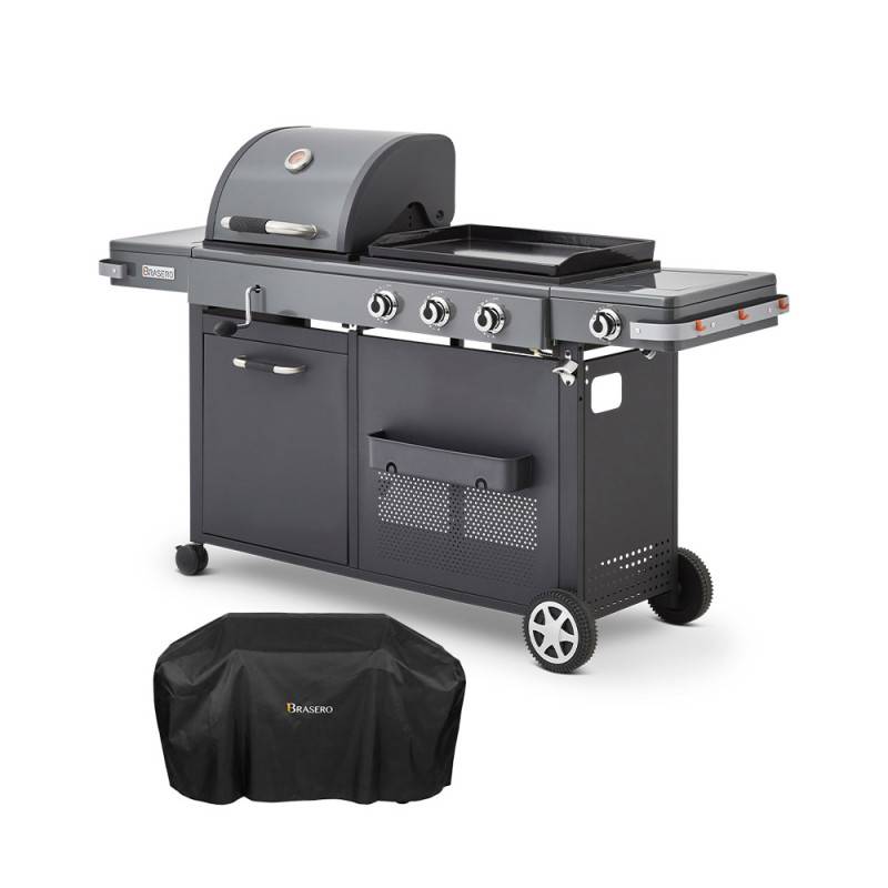 Brasero - Barbecue Plancha Bi-Energy XL Gaz & Charbon – BRASERO BY FAVEX – 3 brûleurs 10,8 kW – Plancha 60 x 42 cm – Housse incluse