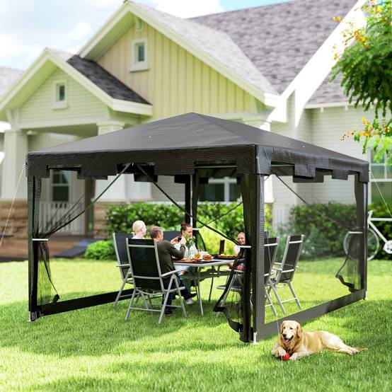 ComfortXL - Tonnelle de Jardin 4x3m avec Moustiquaires Intégrées Toit Anti-Pluie Gris Foncé - ComfortXL Outdoor Living - Image 9