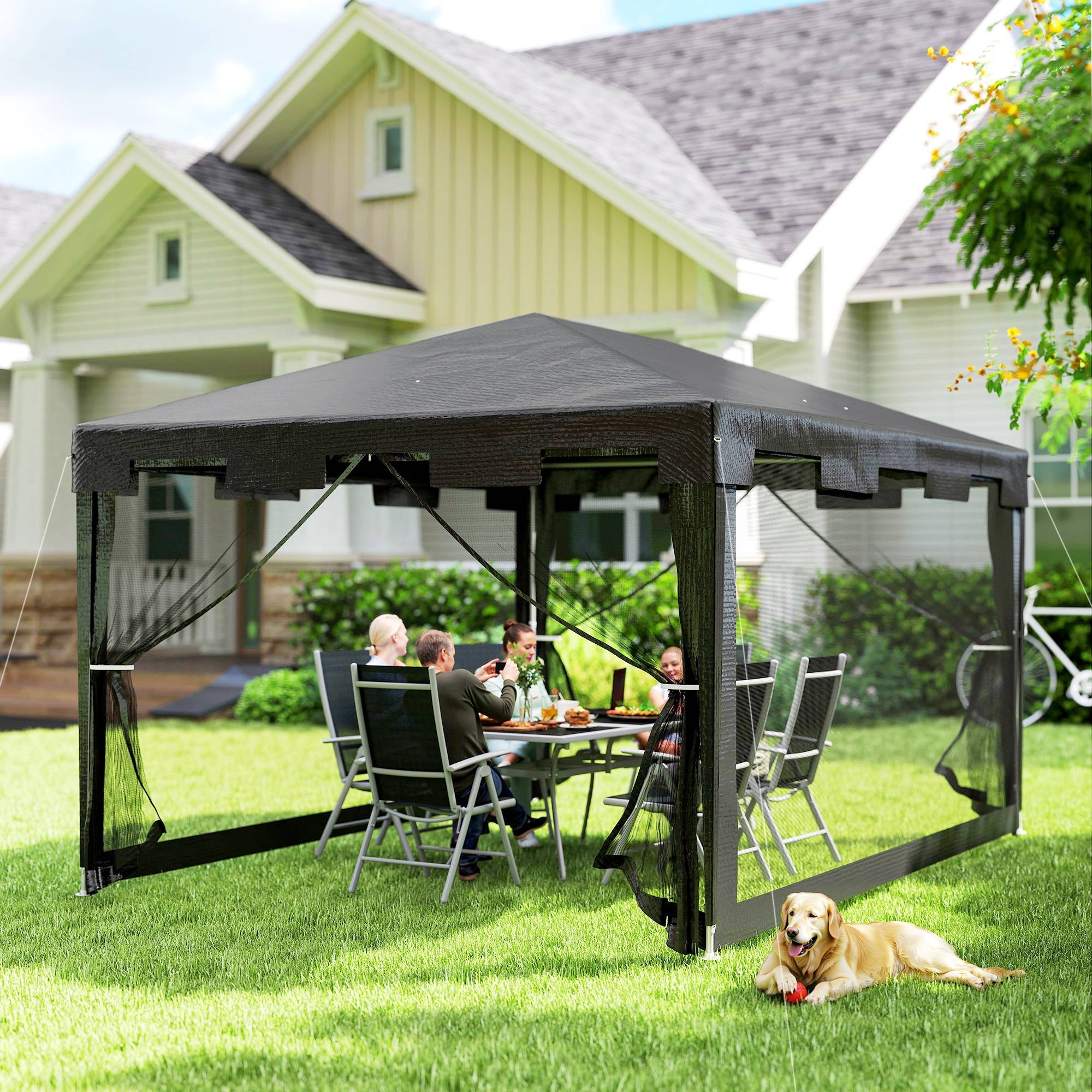 ComfortXL - Tonnelle de Jardin 4x3m avec Moustiquaires Intégrées Toit Anti-Pluie Gris Foncé - ComfortXL Outdoor Living - Image 9