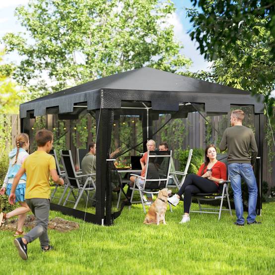 ComfortXL - Tonnelle de Jardin 4x3m avec Moustiquaires Intégrées Toit Anti-Pluie Gris Foncé - ComfortXL Outdoor Living - Image 10